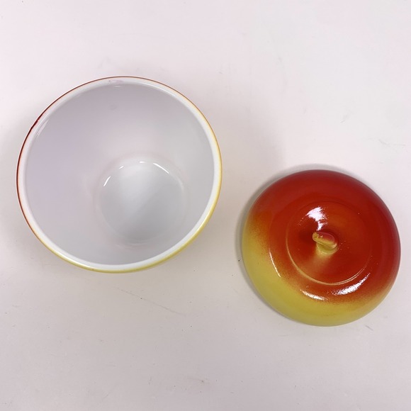 Vintage Hazel Atlas 4" Apple Milk Glass Jam Jar With Lid - Red and Yellow - Picture 5 of 12